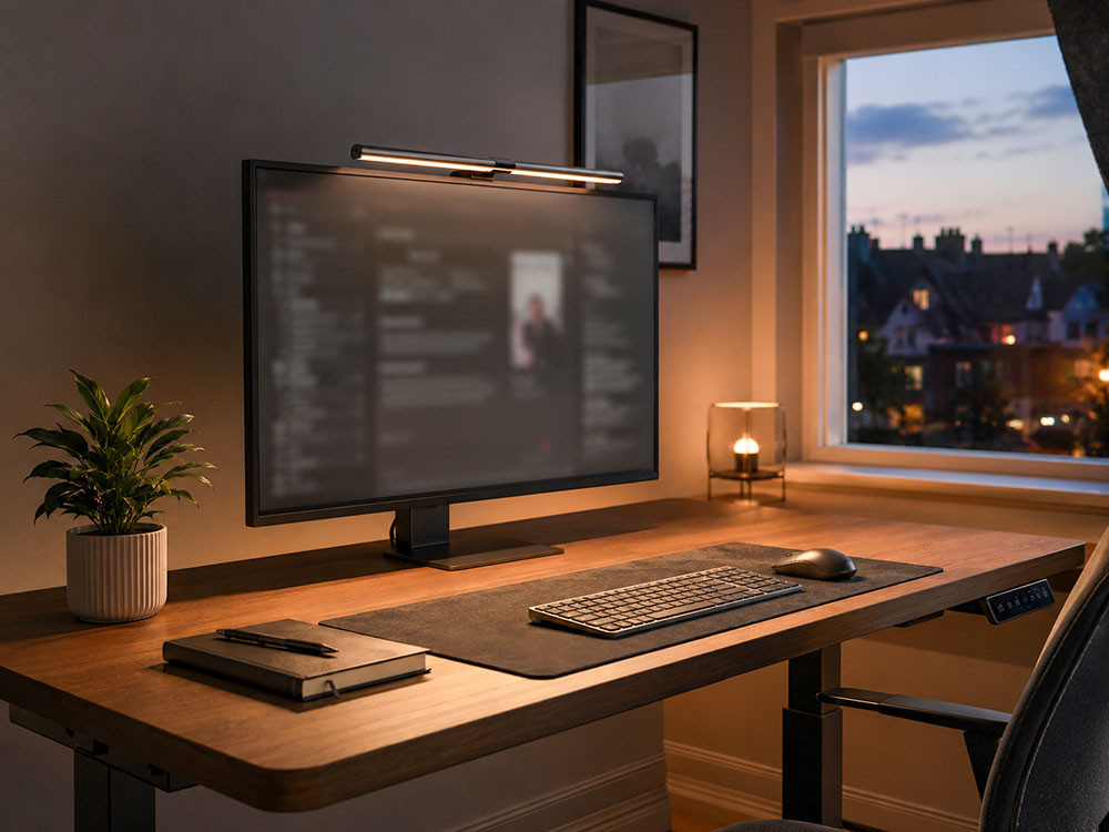 Home office monitor light bar lighting the desk surface at dusk without glare on the screen.