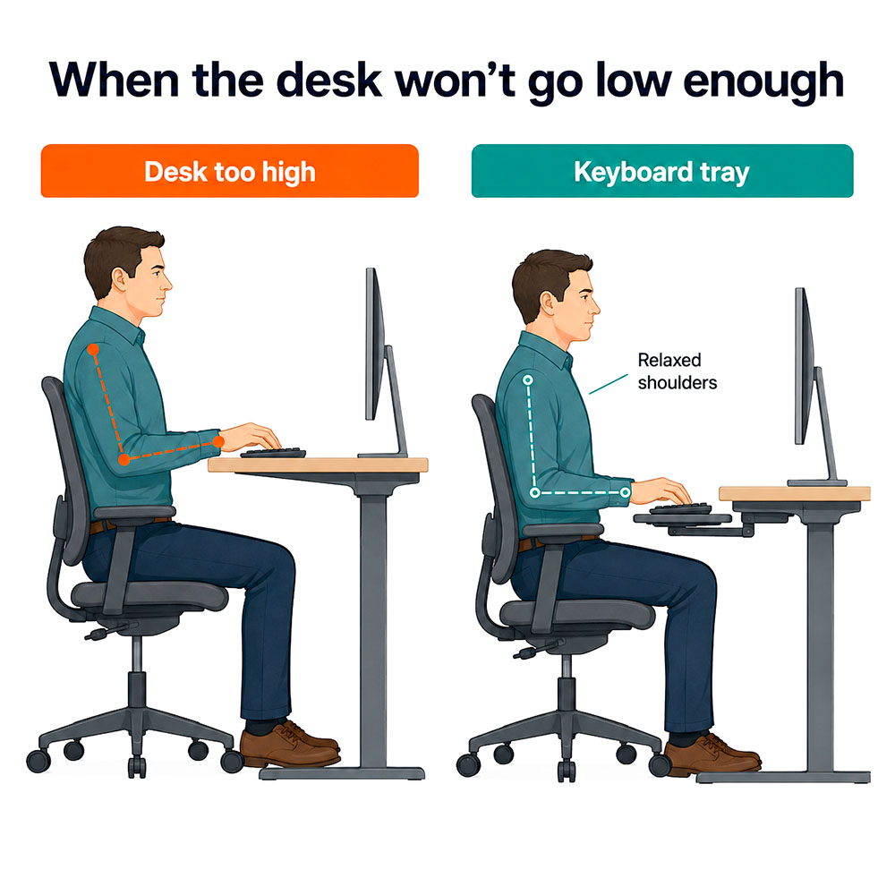 Infographic showing how a keyboard tray helps when a standing desk will not lower enough, keeping shoulders relaxed and elbows near 90 degrees.
