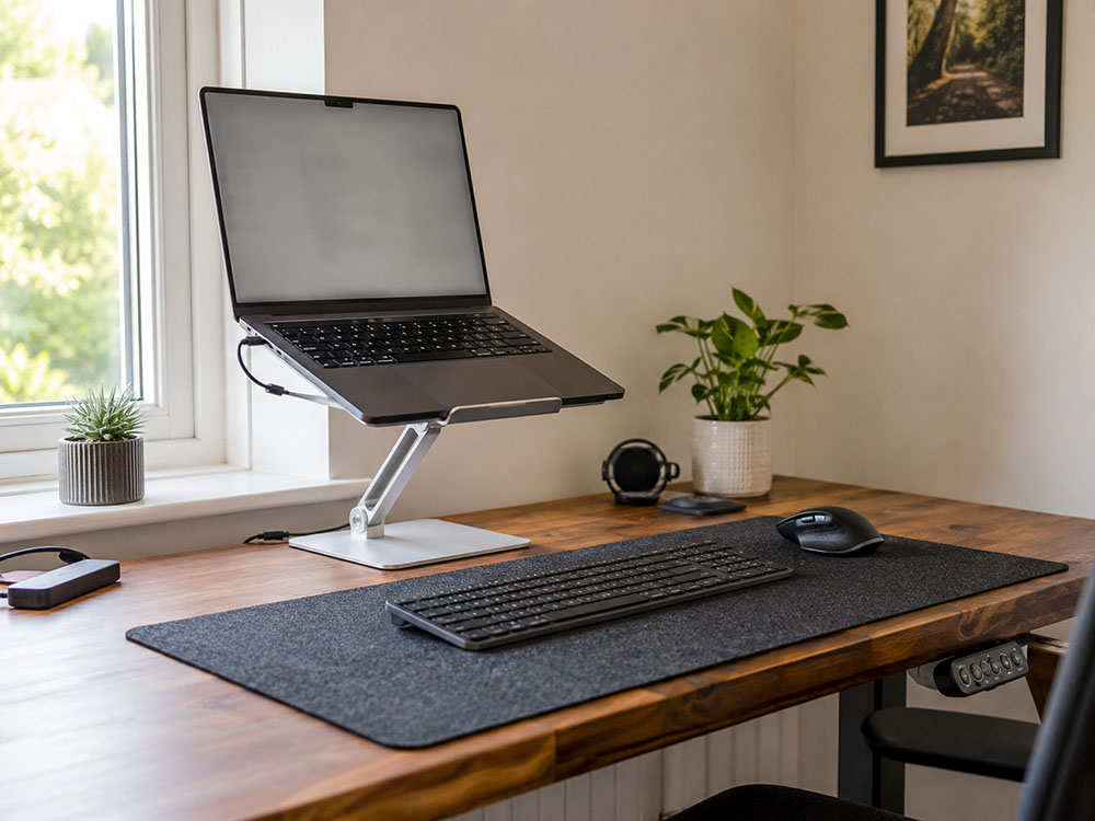 Laptop stand setup with laptop raised, external keyboard, mouse and desk mat for better sit-stand desk ergonomics.