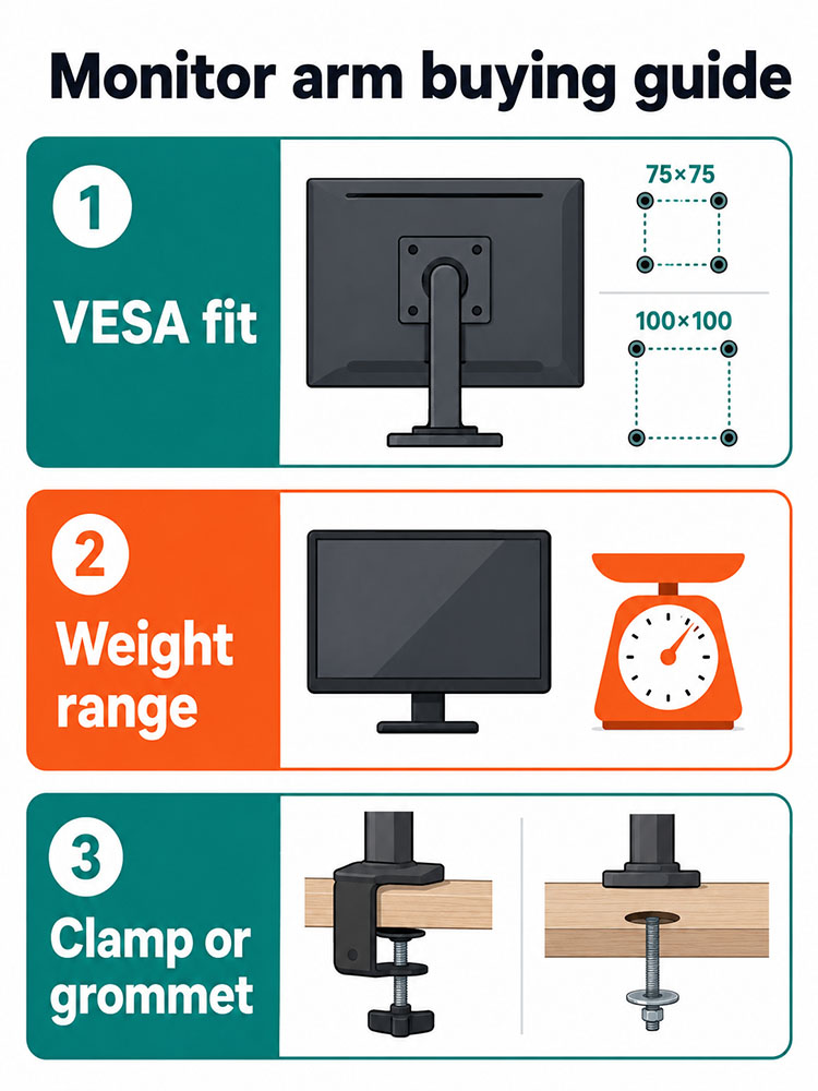 Infographic explaining monitor arm buying specs including VESA mounting, weight range and clamp or grommet fitting.