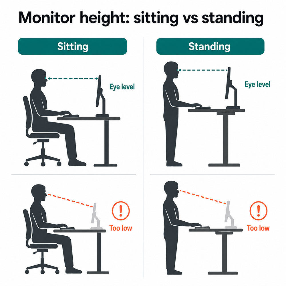 Infographic showing correct monitor height for sitting and standing, with screen aligned to eye level and warnings for a monitor set too low.