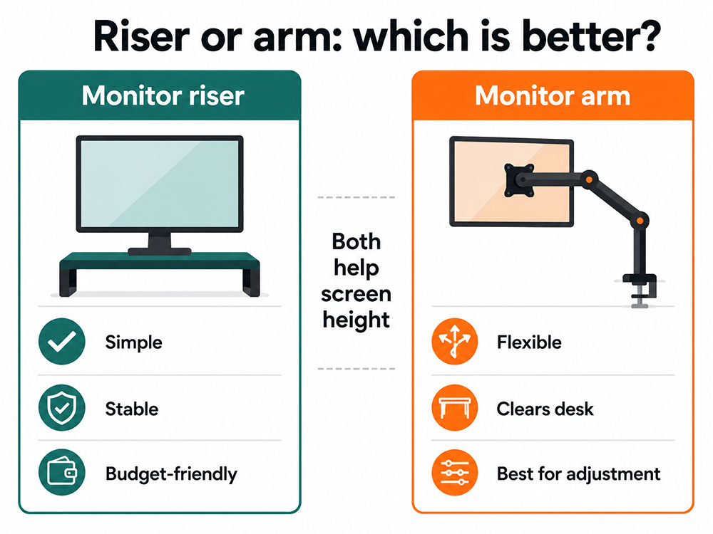 Infographic comparing a monitor riser and monitor arm for improving standing desk screen height with stability and adjustment.