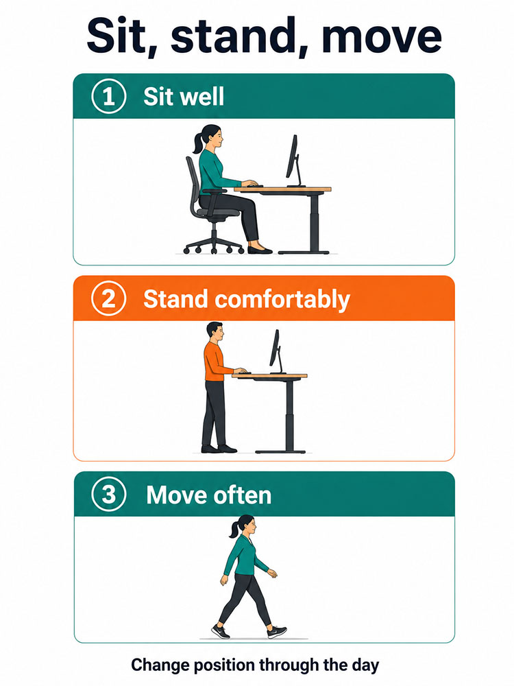 Infographic showing a healthy sit-stand-move routine for standing desk users to sit well, stand comfortably and move often.