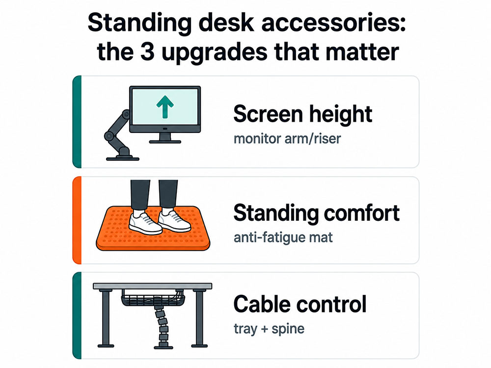 Infographic showing the three most important standing desk accessories: screen height, standing comfort and cable control.