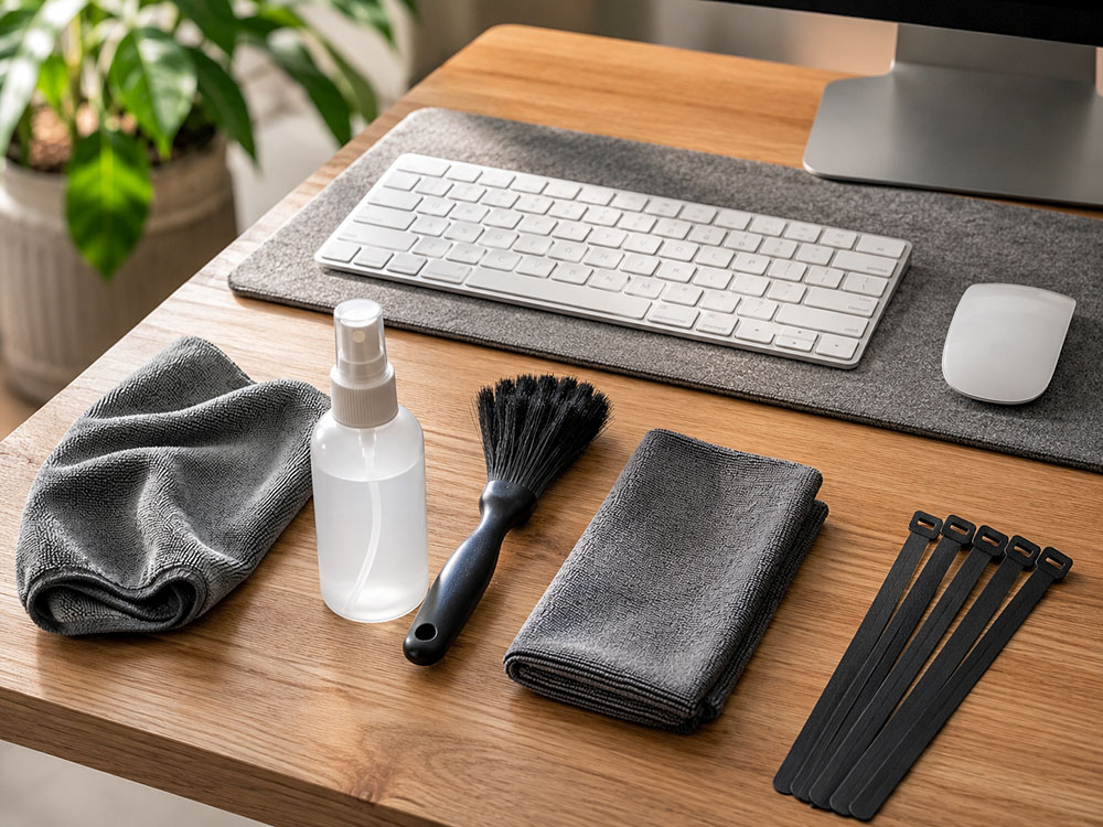 Desk cleaning kit with microfibre cloth, screen cloth, dust brush, cable ties and spray bottle for maintaining standing desk accessories.