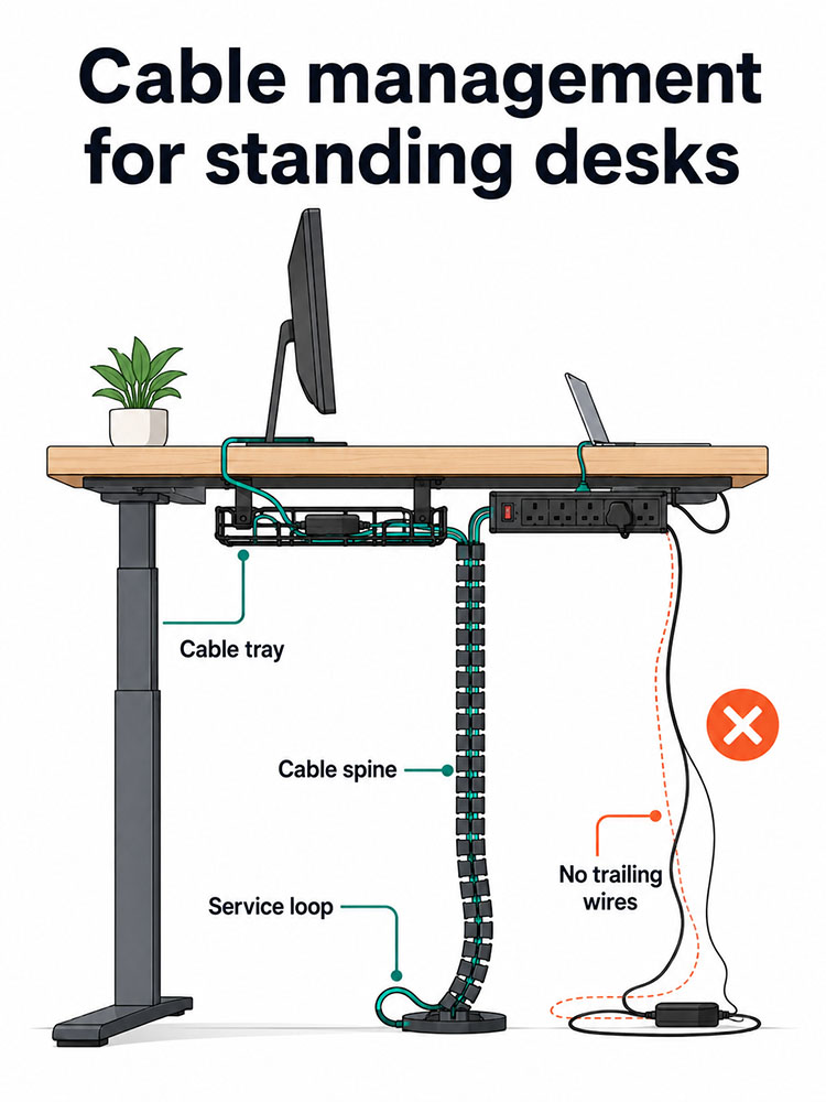 Infographic showing cable tray, cable spine and service loop for safe standing desk cable management.