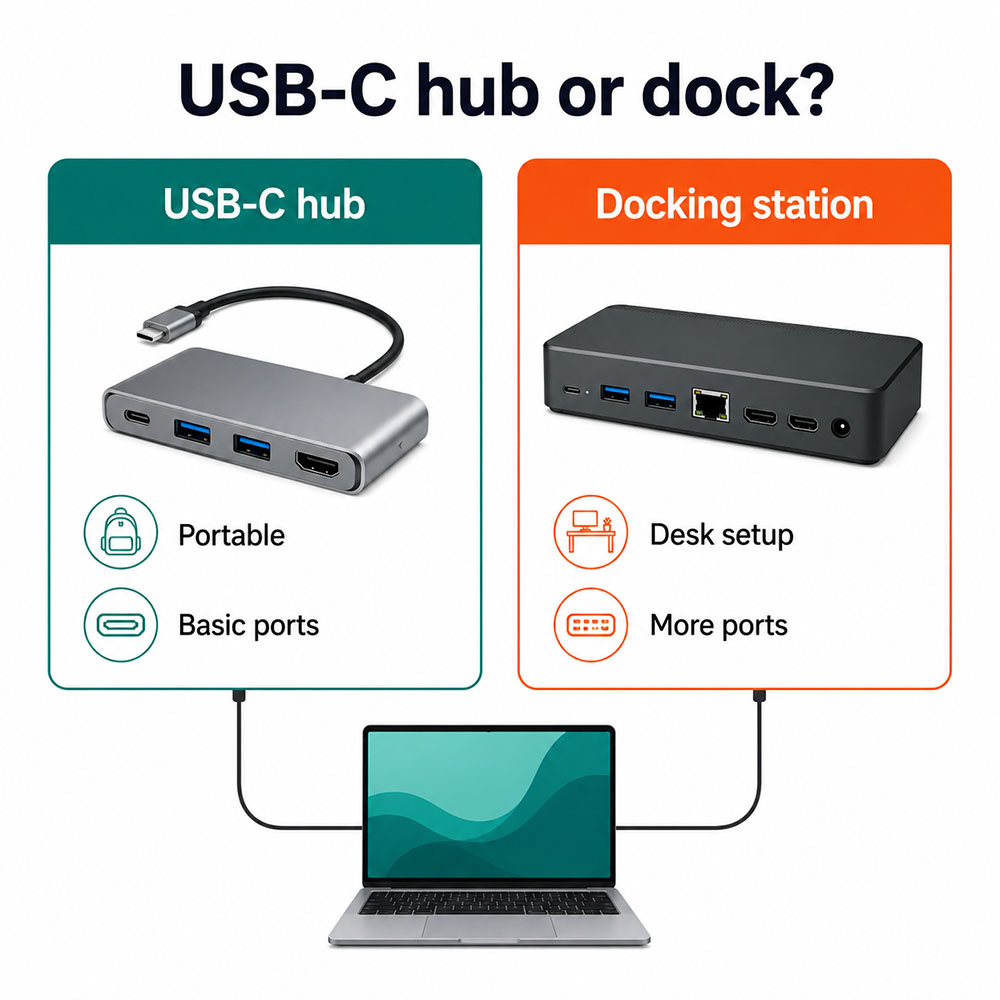 Infographic comparing a USB-C hub and docking station for laptop workstations, portability, desk setup and extra ports.