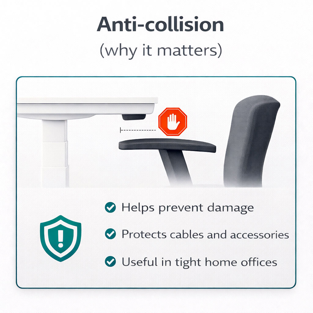 Infographic explaining anti collision safety on electric standing desks