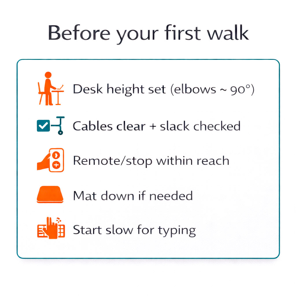 Checklist infographic for setting up a walking pad and standing desk safely