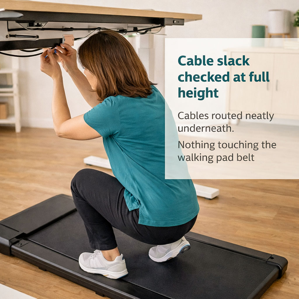 Safe cable routing under a standing desk with walking pad to prevent snagging