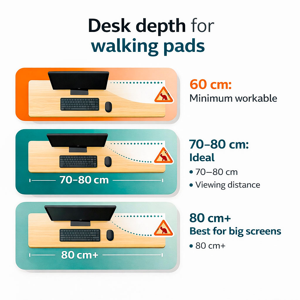 Infographic showing ideal desk depth for walking pads and under desk treadmills