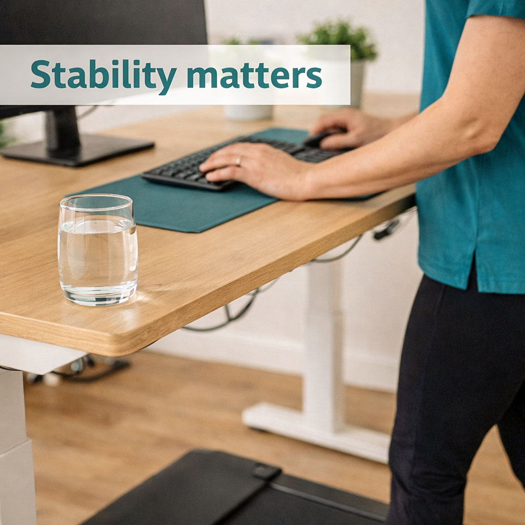 Stable standing desk setup for walking pad use showing minimal wobble at standing height