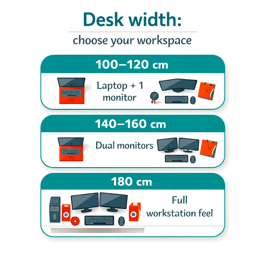 Infographic showing desk width options for laptop, dual monitor and full workstation setups