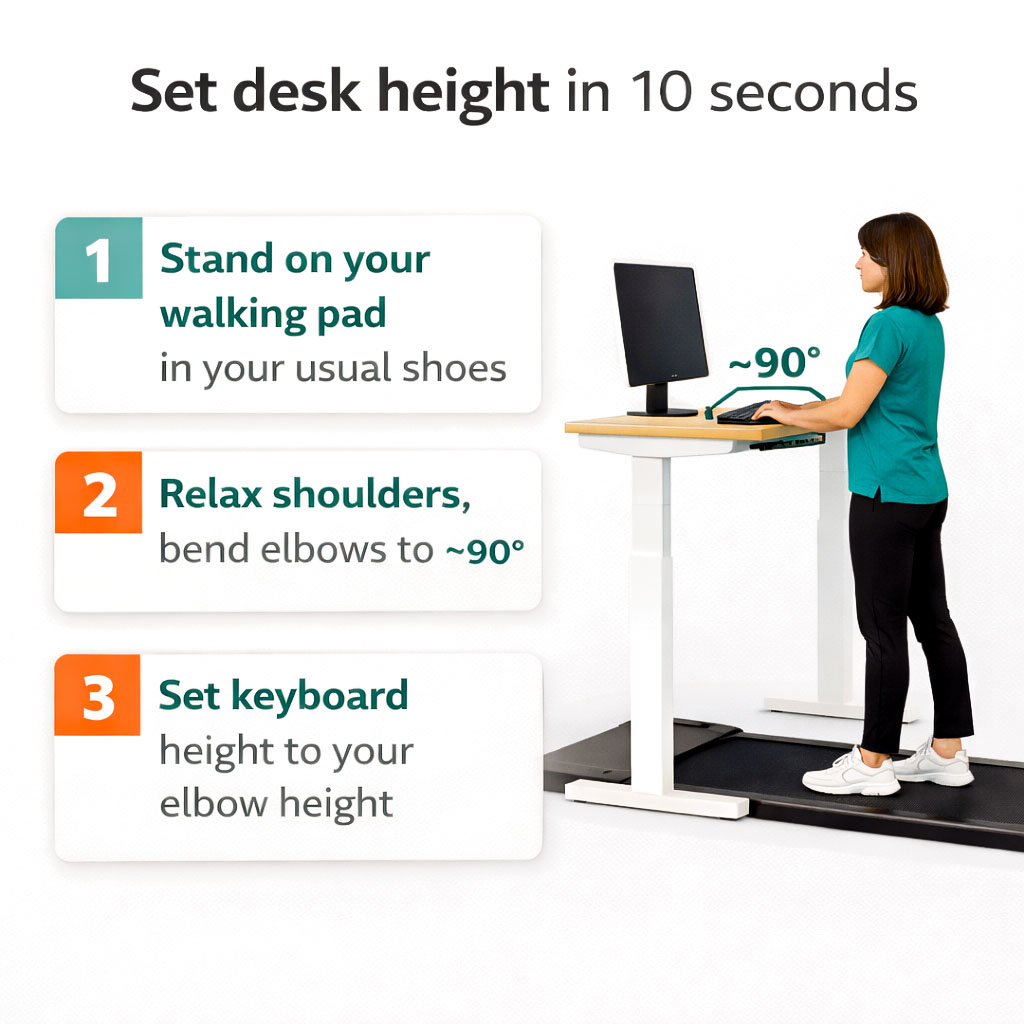 Infographic showing correct elbow angle for setting standing desk height