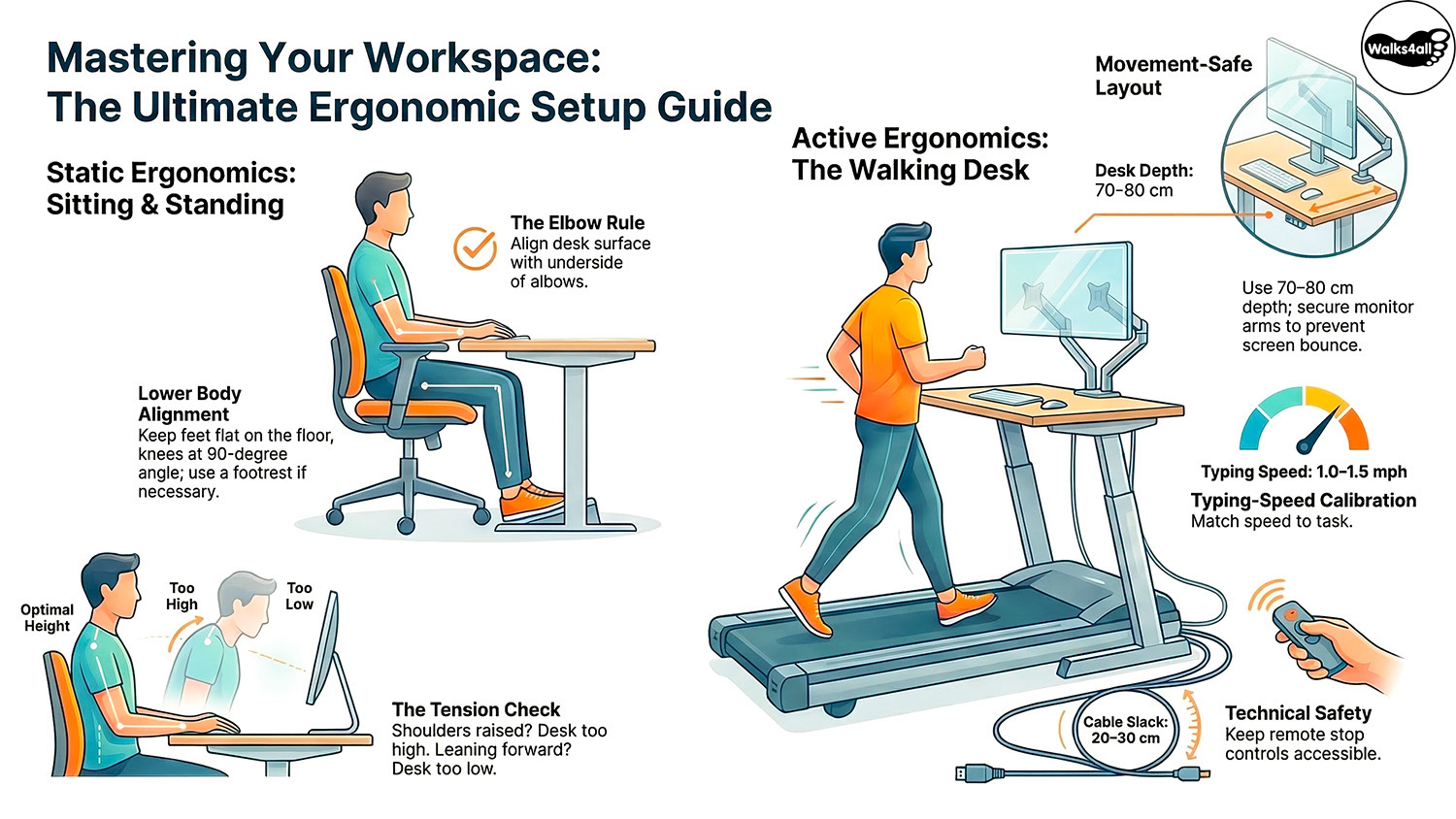 A complete ergonomic guide for sitting, standing, and walking desks, illustrating the 90-degree elbow rule, proper posture alignment, and safety calibration for walking pad speeds.