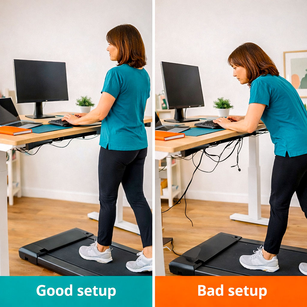 Comparison of correct and incorrect walking desk ergonomics including screen height and desk depth