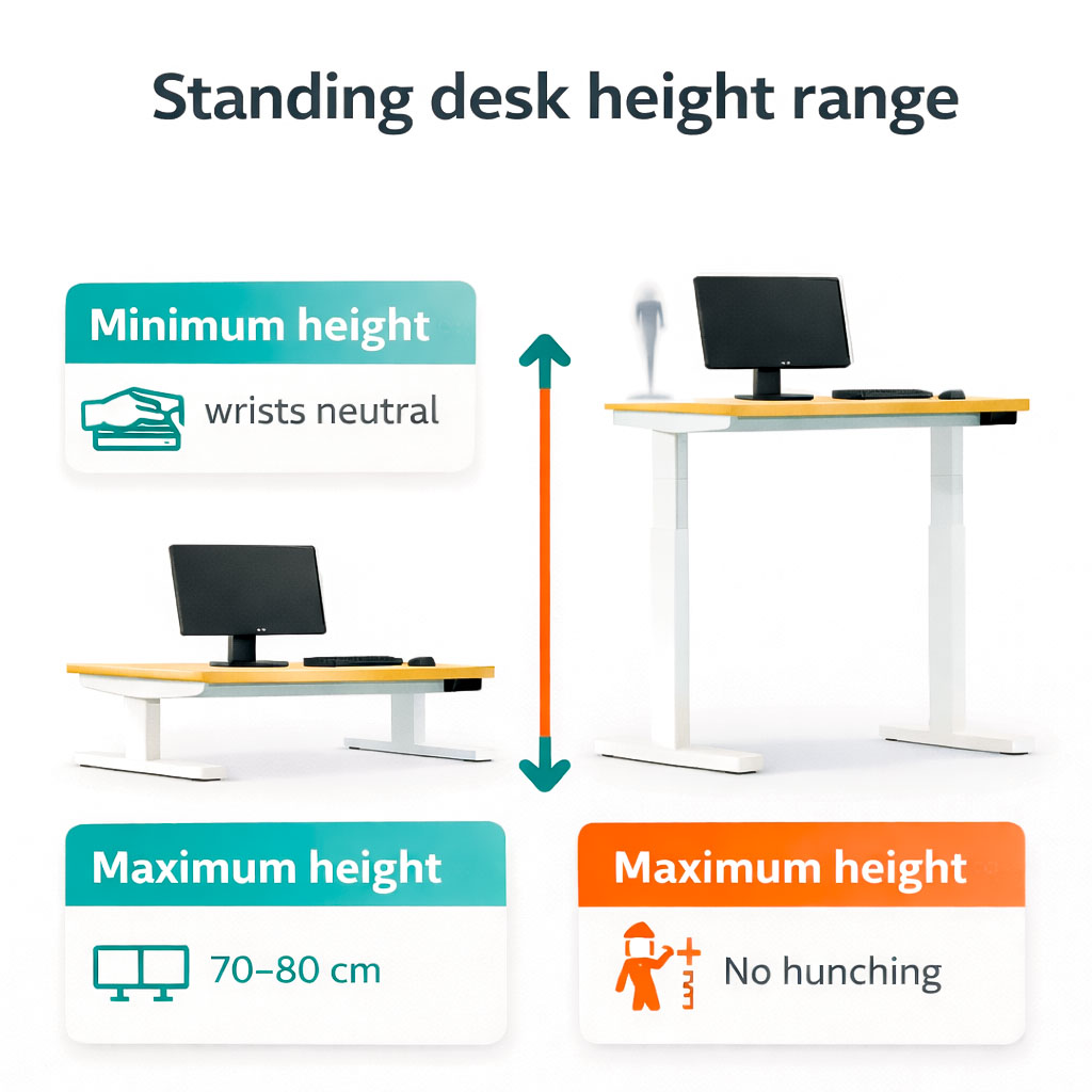 Infographic explaining minimum and maximum height range on adjustable standing desks
