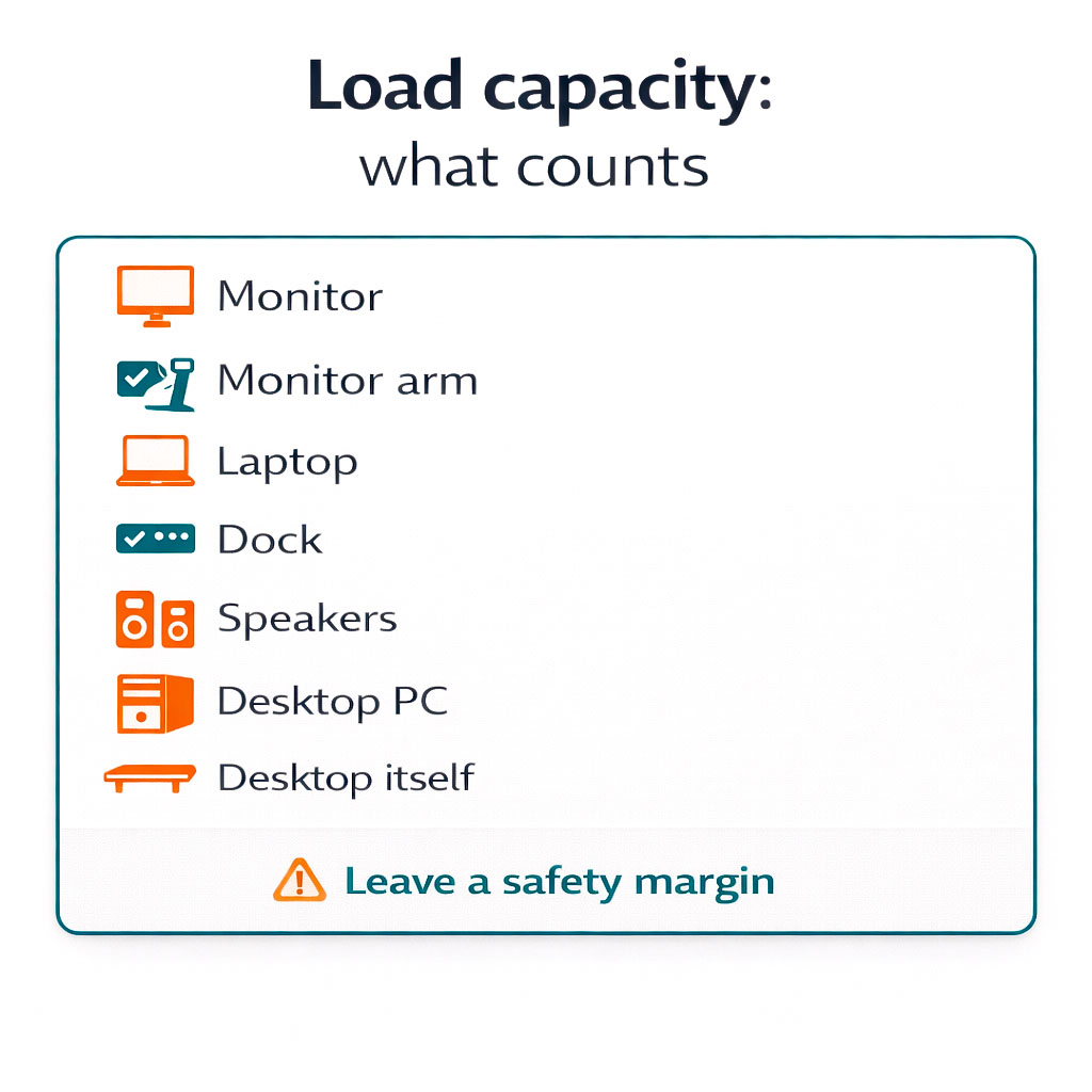 Infographic listing items that count towards standing desk load capacity
