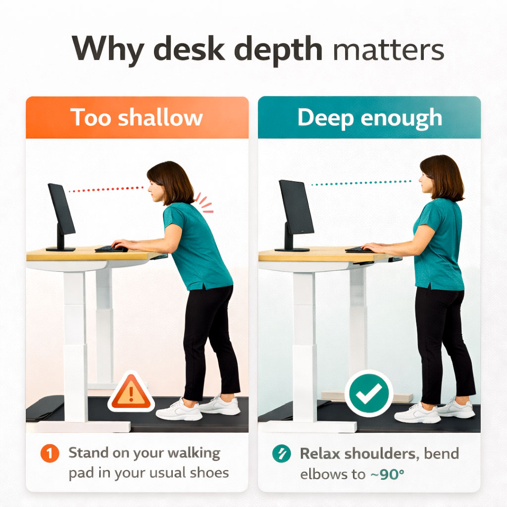 Infographic showing shallow vs deep desk setups and forward leaning risk
