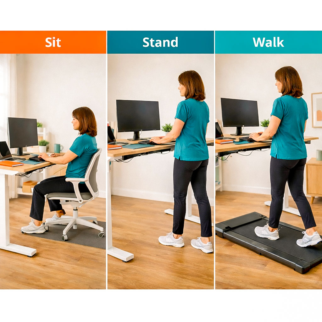 Standing desk used for sitting, standing and walking while working with a compact walking pad