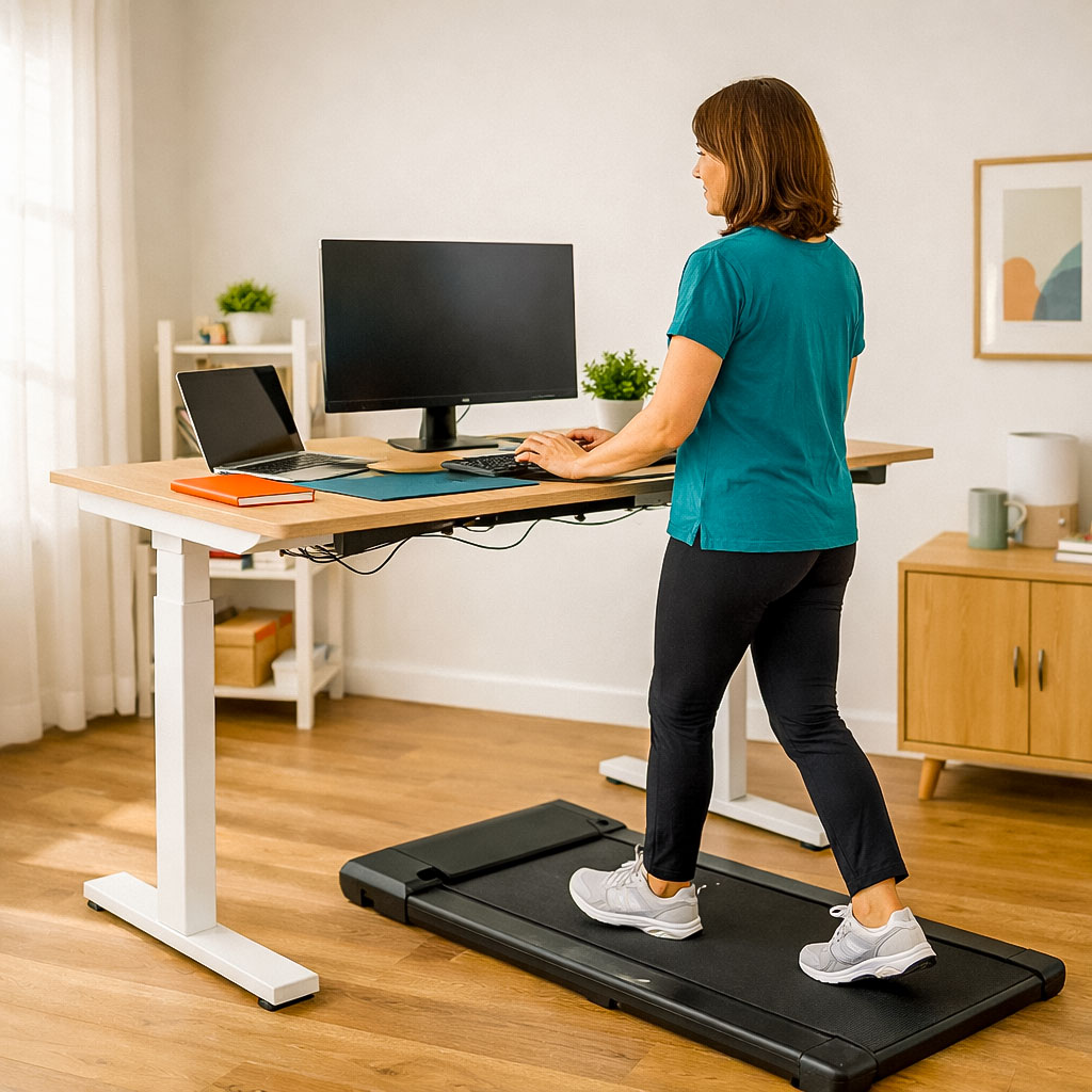 Height adjustable standing desk with walking pad showing person walking while working in a UK home office