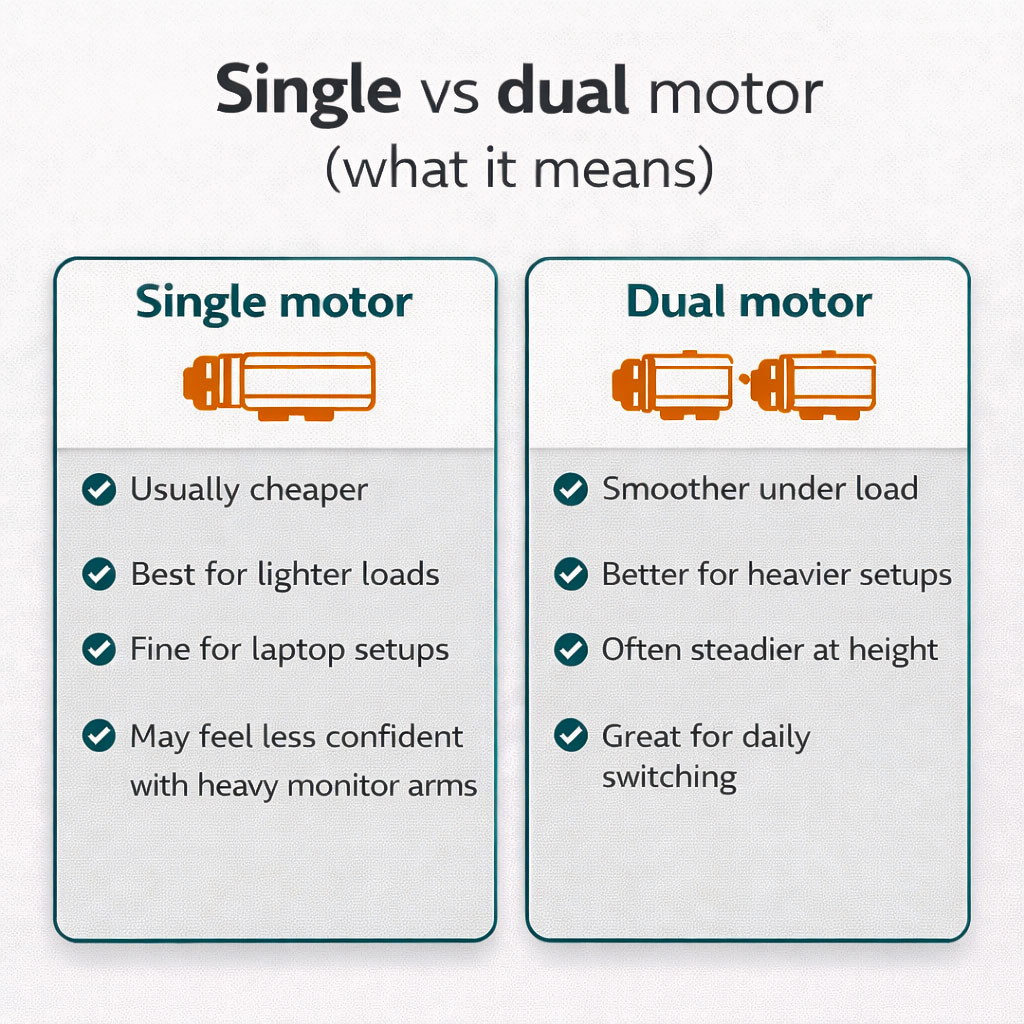 Infographic comparing single motor and dual motor standing desk frames