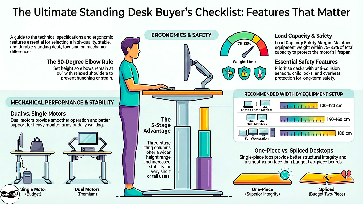 A buyer's checklist for standing desks highlighting the 90-degree elbow rule, dual vs. single motors, 3-stage lifting columns, and a comparison between one-piece and spliced desktop surfaces.
