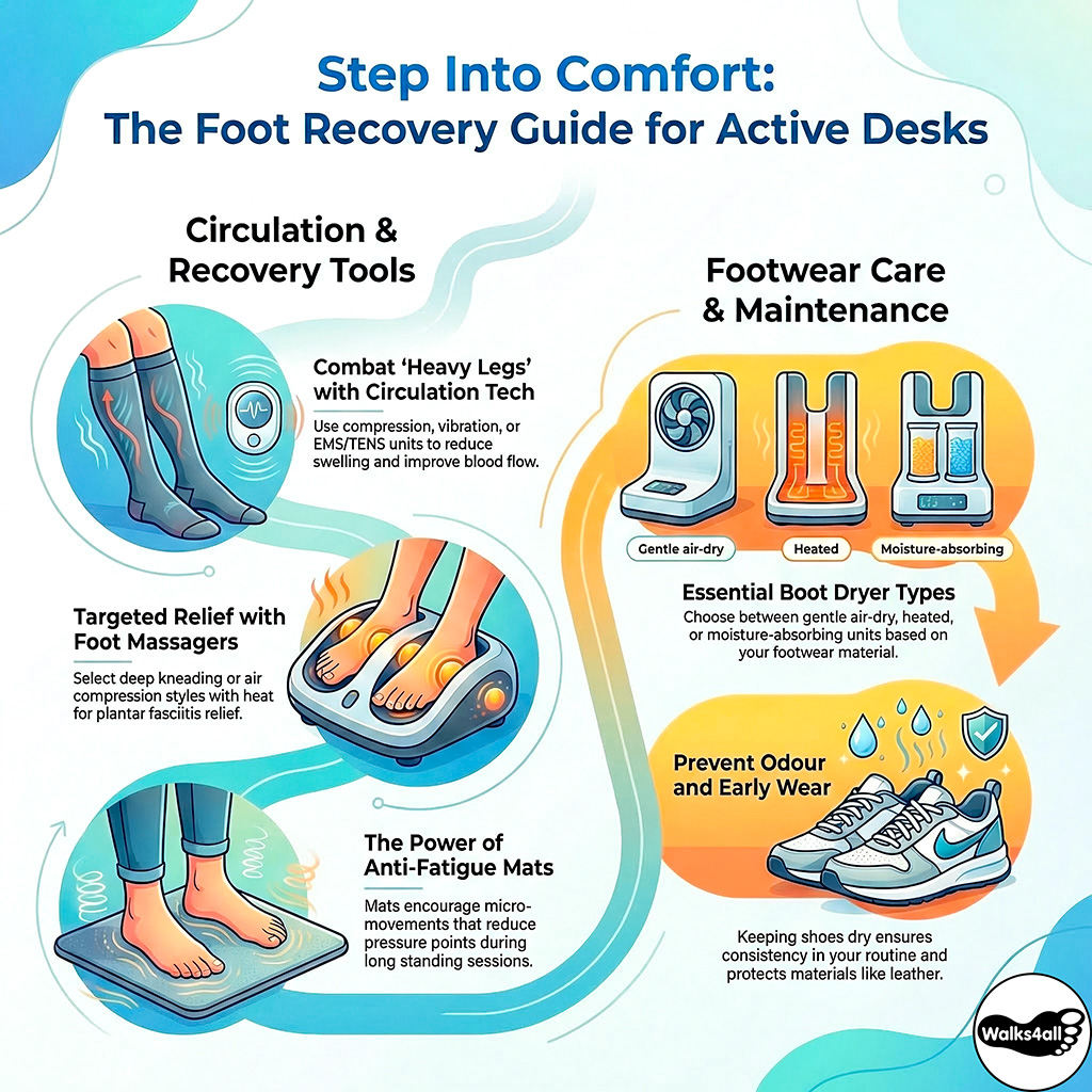 A foot care guide for standing desk users featuring recovery tools like compression socks, foot massagers, and anti-fatigue mats, alongside footwear maintenance tips to prevent odour and wear.