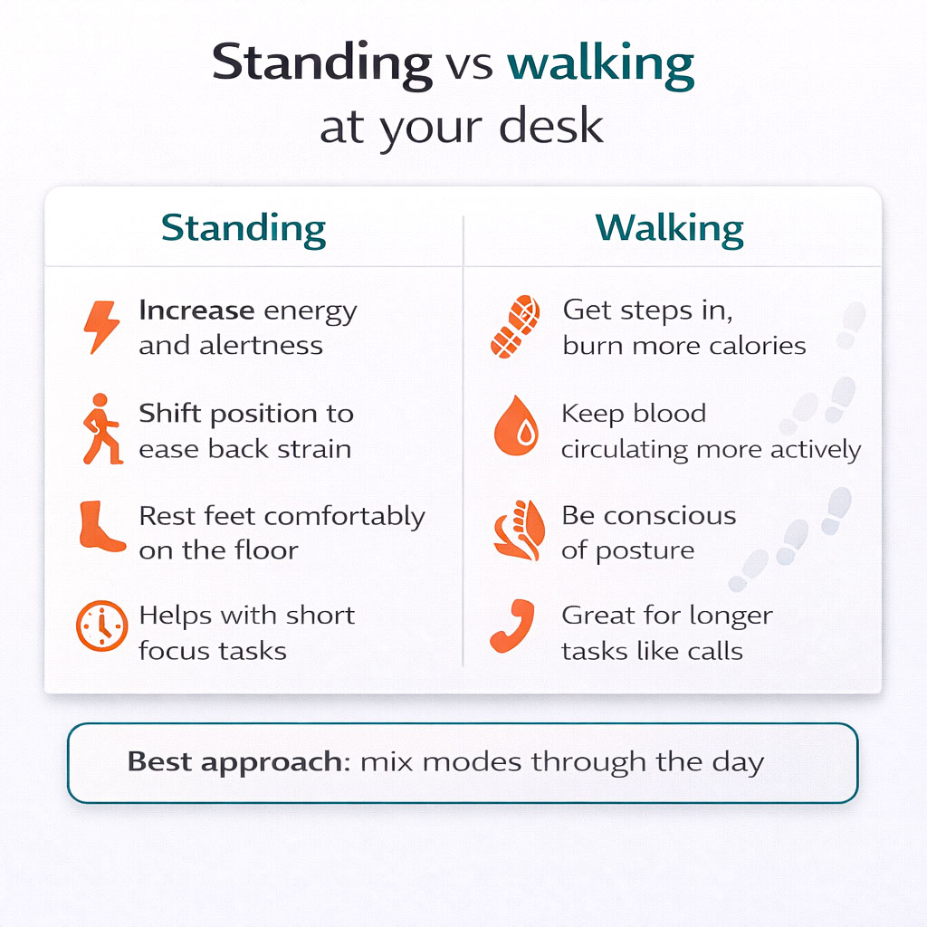 Infographic comparing standing desk use versus walking pad desk use