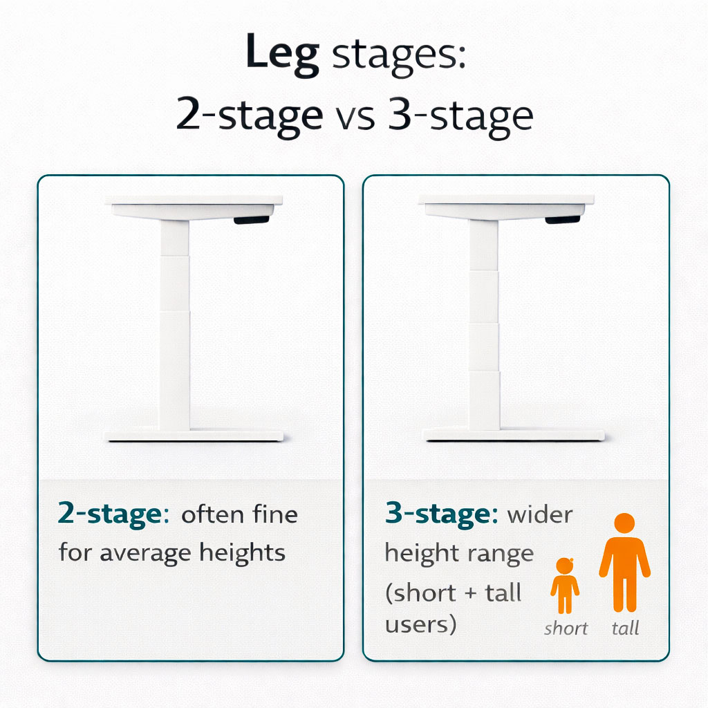 Infographic showing two stage and three stage telescopic desk legs
