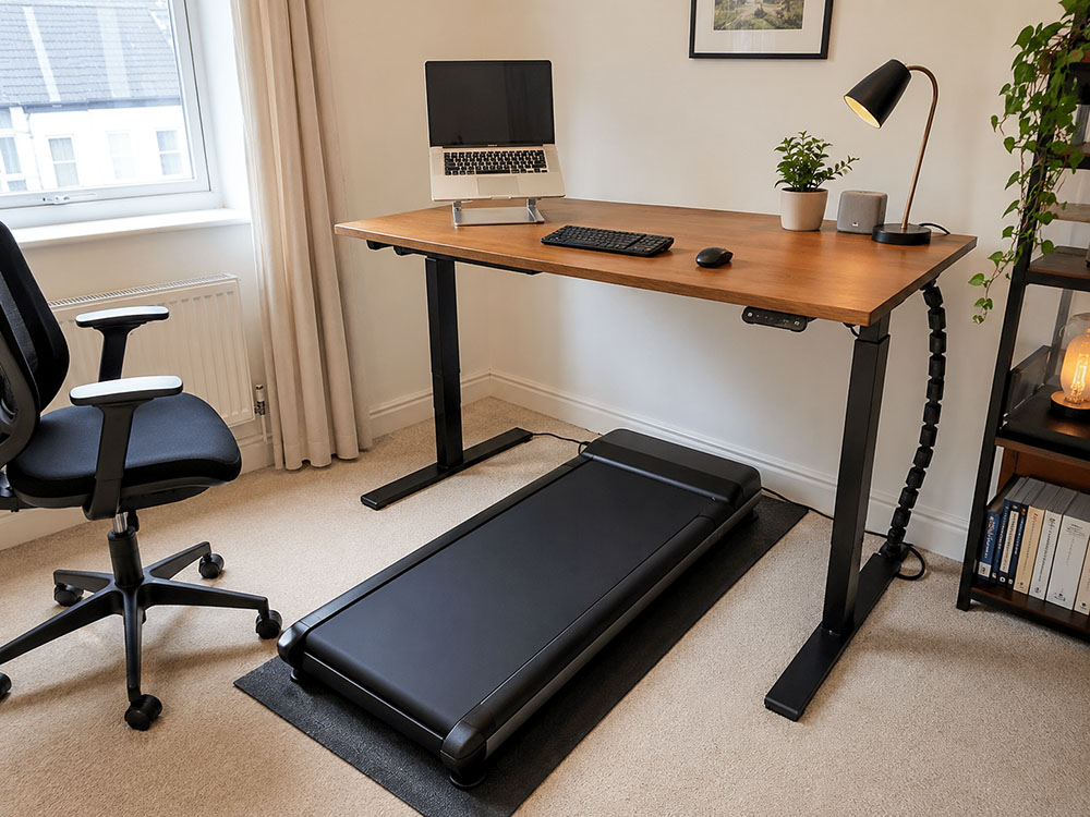 Generic walking pad under a standing desk in a tidy UK home office, with laptop stand, keyboard, chair, cable management and treadmill mat.