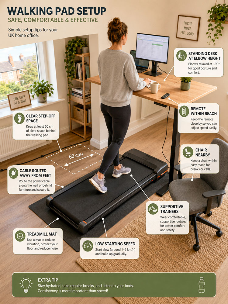 Hybrid infographic showing a generic walking pad setup with clear step-off space, cable management, treadmill mat, remote within reach, chair nearby, supportive trainers and low starting speed.