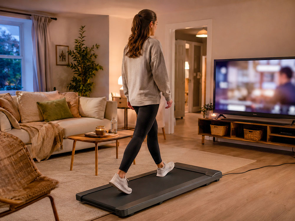 Person using a generic walking pad in a warm UK living room while watching TV, with sofa, supportive trainers and clear floor space.