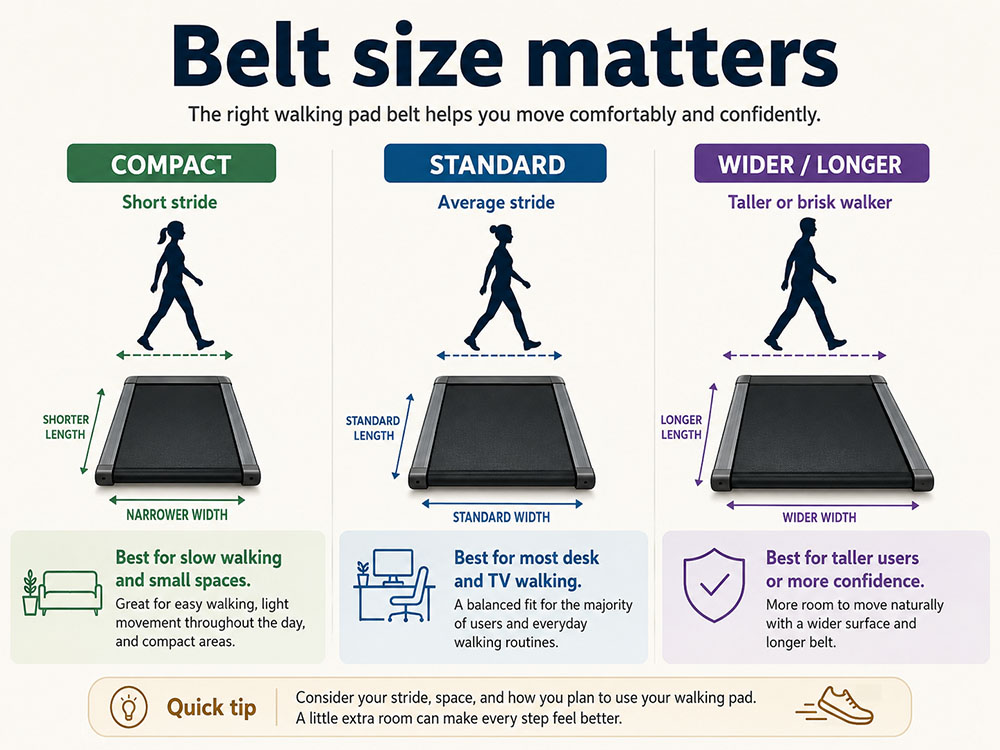 Infographic comparing compact, standard and wider walking pad belt sizes for short, average and longer strides.