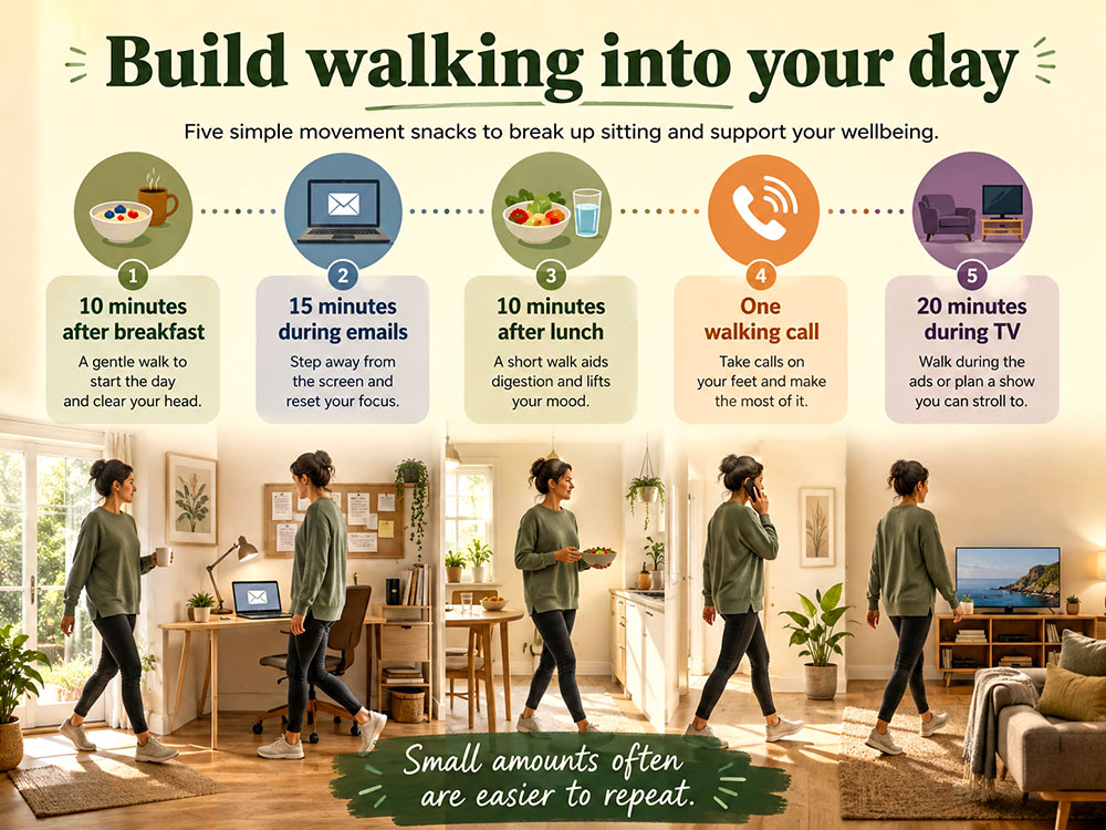 Hybrid infographic showing a home-working timeline with short walking sessions after breakfast, during emails, after lunch, on a phone call and during TV.