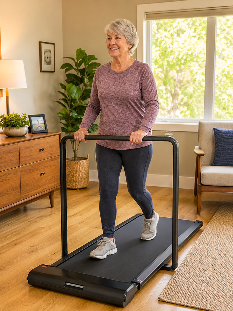 Older adult using a generic walking pad with a simple handrail at home, wearing supportive trainers with clear floor space and a chair nearby.