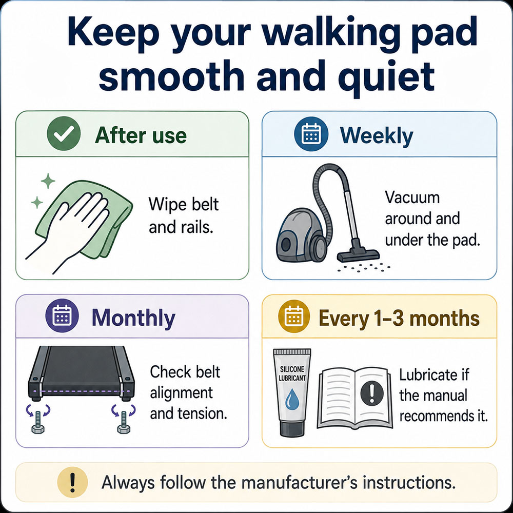 Maintenance infographic showing when to wipe, vacuum, check belt alignment and lubricate a walking pad.