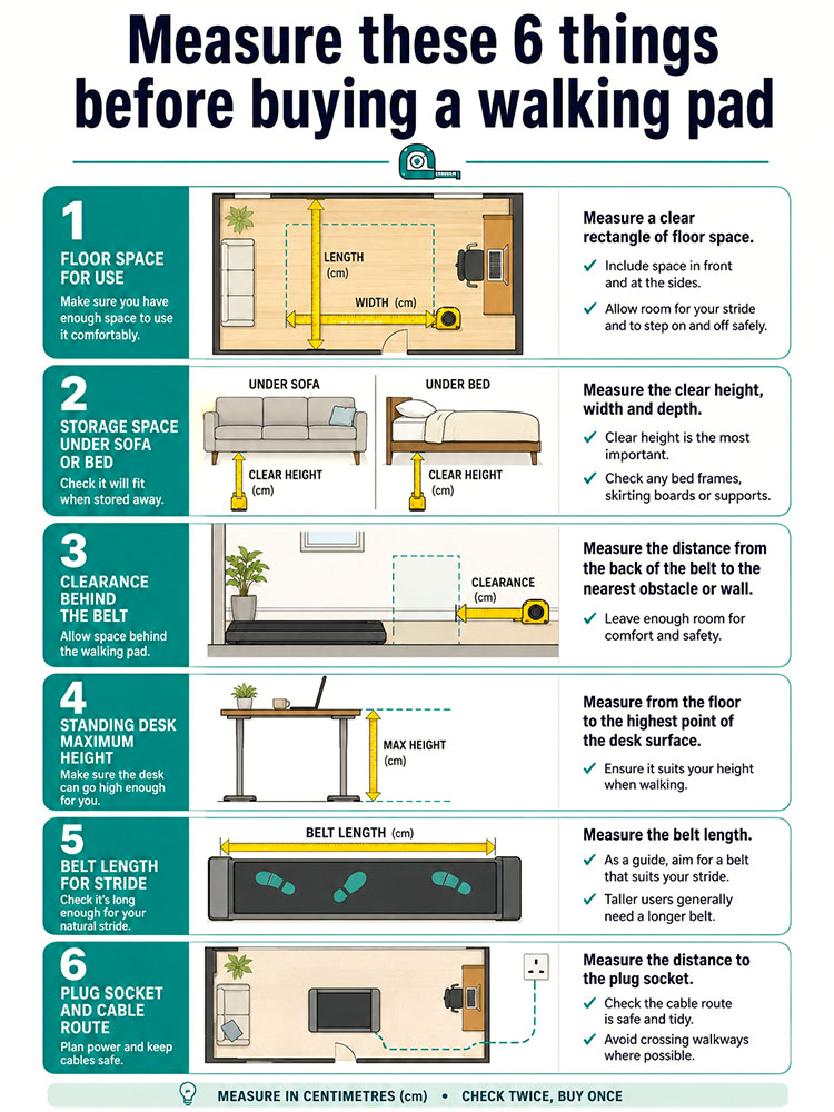 Checklist infographic showing six measurements to take before buying a walking pad, including floor space, storage space, clearance, desk height, belt length and cable route.