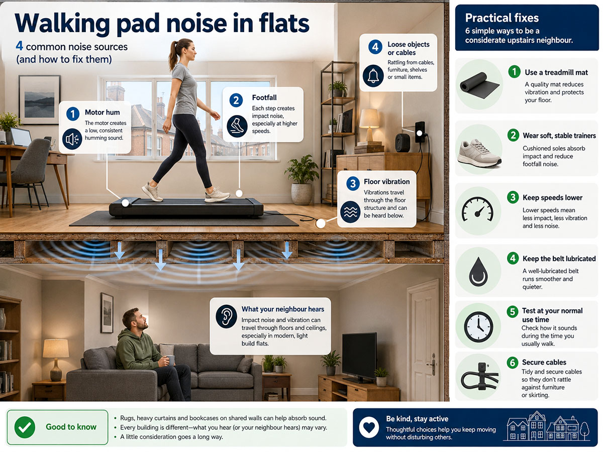 Hybrid infographic showing walking pad noise sources in an upstairs flat, including motor hum, footfall, floor vibration and loose cables, with practical fixes.