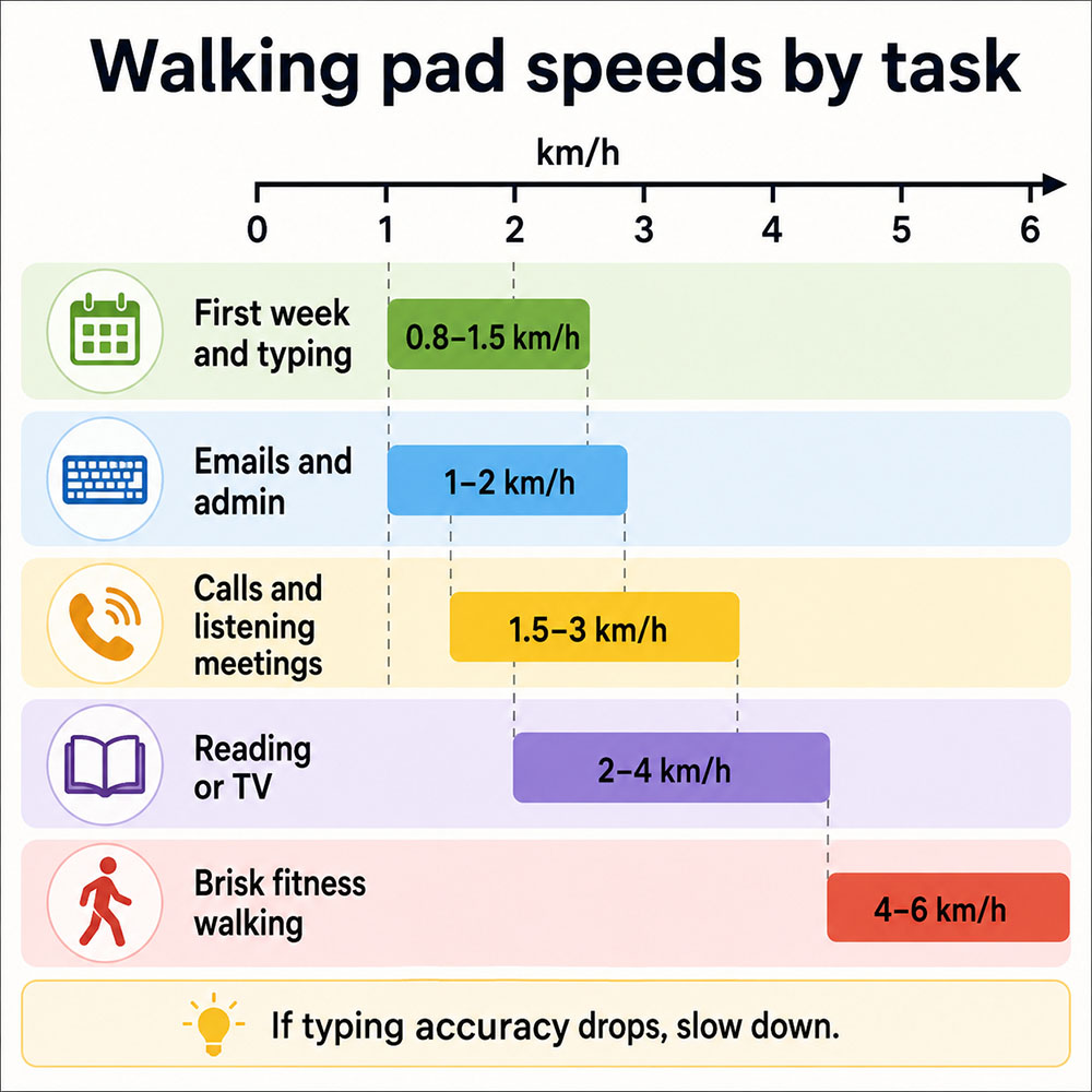 Infographic showing suggested walking pad speeds by task, from slow typing and emails to calls, reading, TV walking and brisk fitness walking.