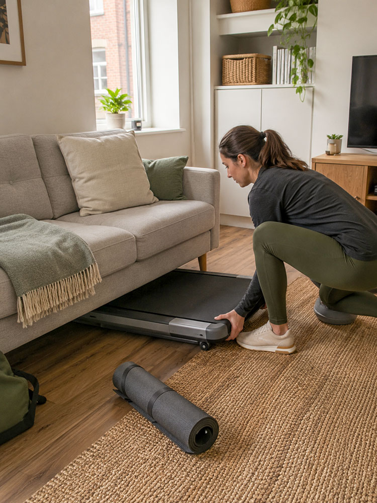 Person sliding a slim generic walking pad under a sofa in a compact UK flat, with transport wheels and a rolled treadmill mat nearby.