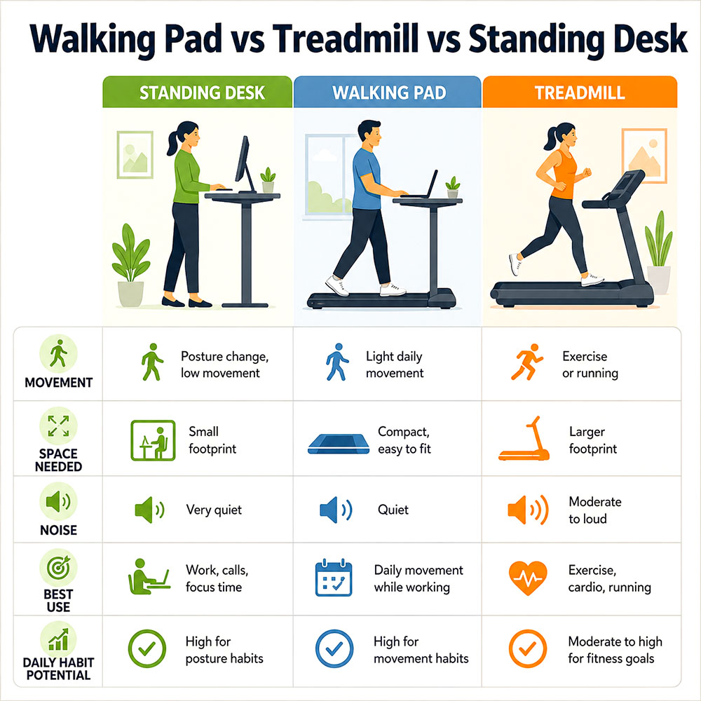 Comparison infographic showing a standing desk, walking pad and treadmill by movement, space, noise, best use and daily habit potential.