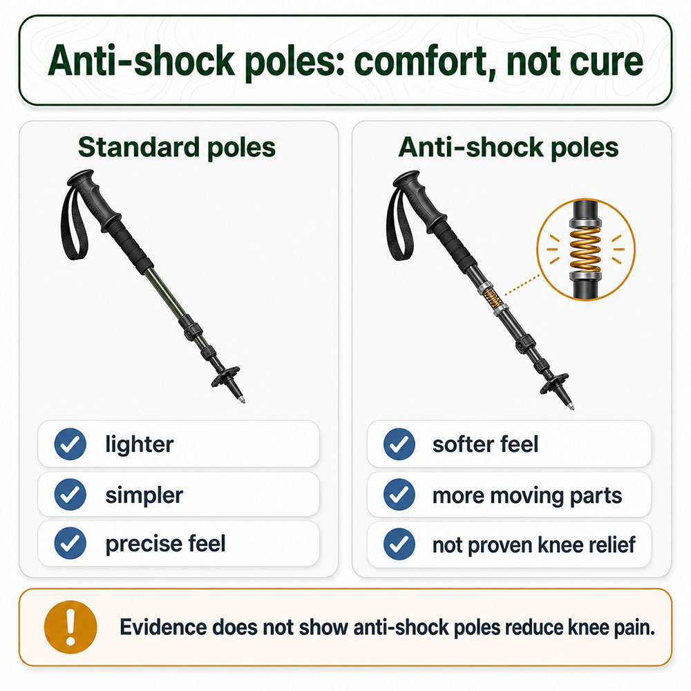 Comparison graphic showing standard walking poles and anti-shock poles, explaining that anti-shock poles may feel softer but are not proven knee pain relief.