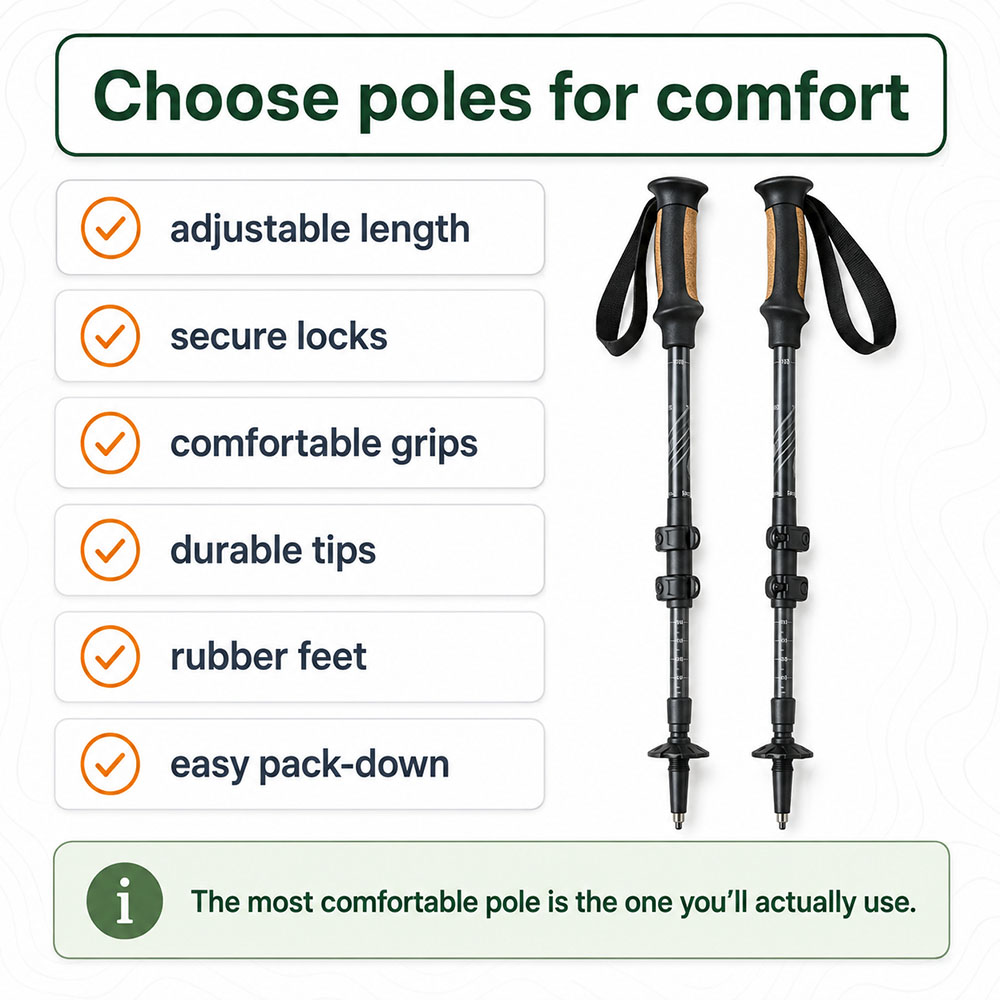 Checklist infographic for choosing comfortable walking poles, including adjustable length, secure locks, comfortable grips, durable tips, rubber feet and easy pack-down.