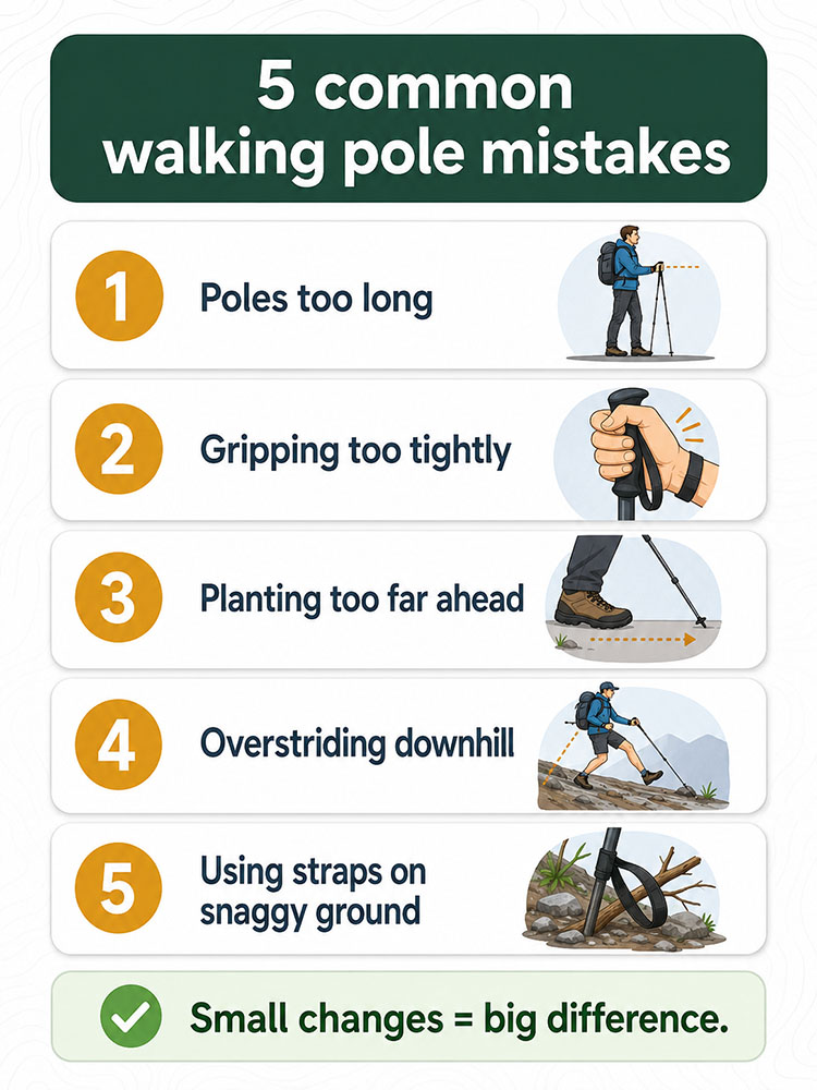Infographic showing common walking pole mistakes, including poles too long, gripping too tightly, planting too far ahead, overstriding downhill and using straps on snaggy ground.