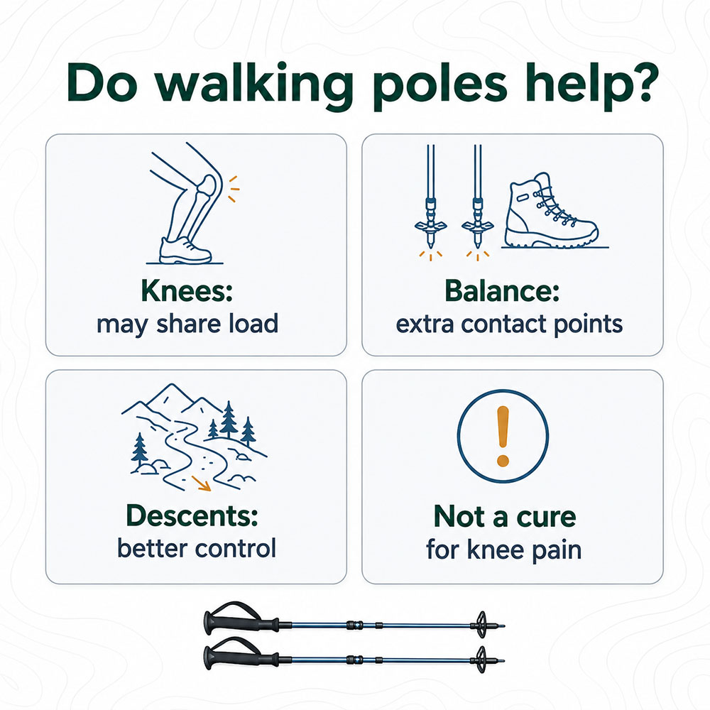 Clean infographic explaining that walking poles may help with knees, balance and descents, but are not a cure for knee pain.