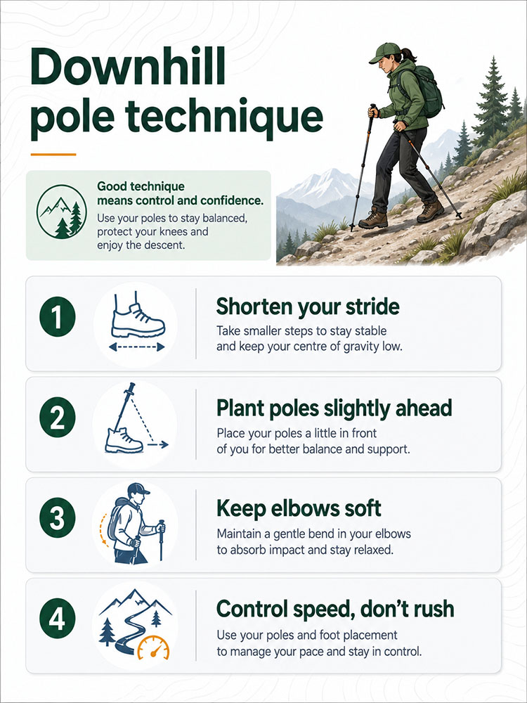 Step-by-step infographic showing downhill walking pole technique, including shorter stride, planting poles ahead, soft elbows and controlled speed.
