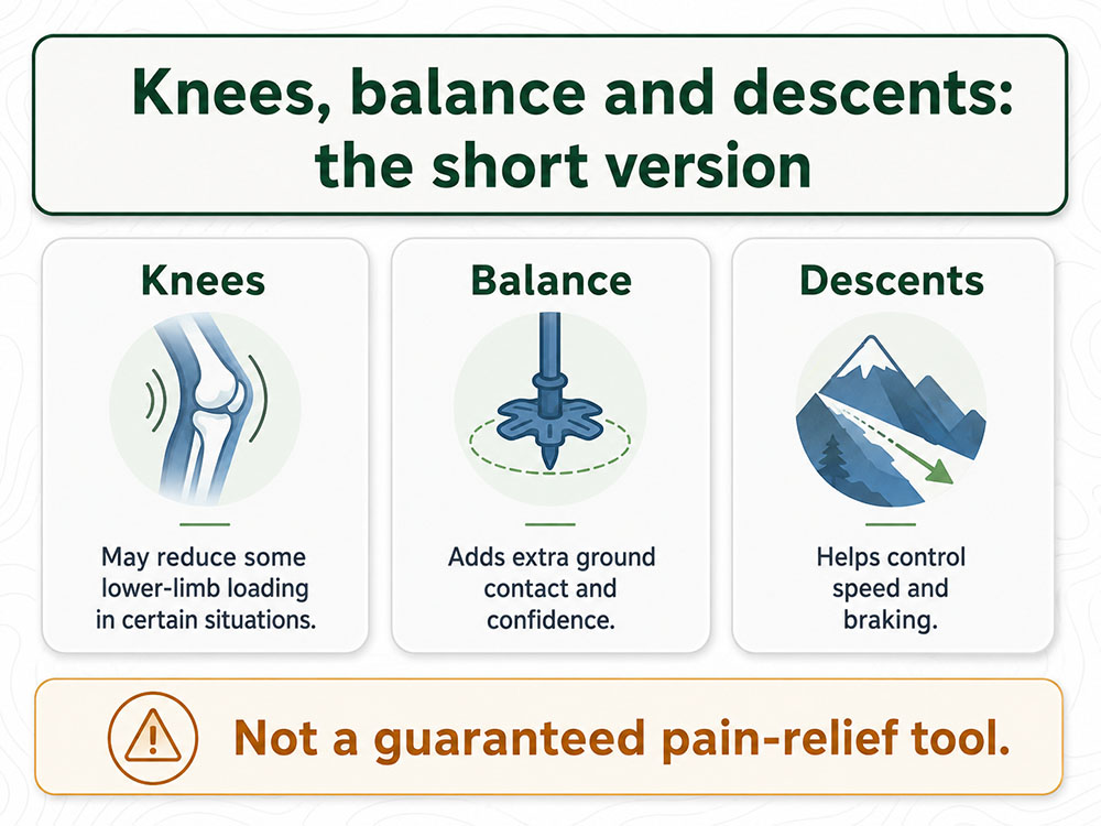 Summary infographic explaining that walking poles may help with knees, balance and descents, but are not a guaranteed pain-relief tool.