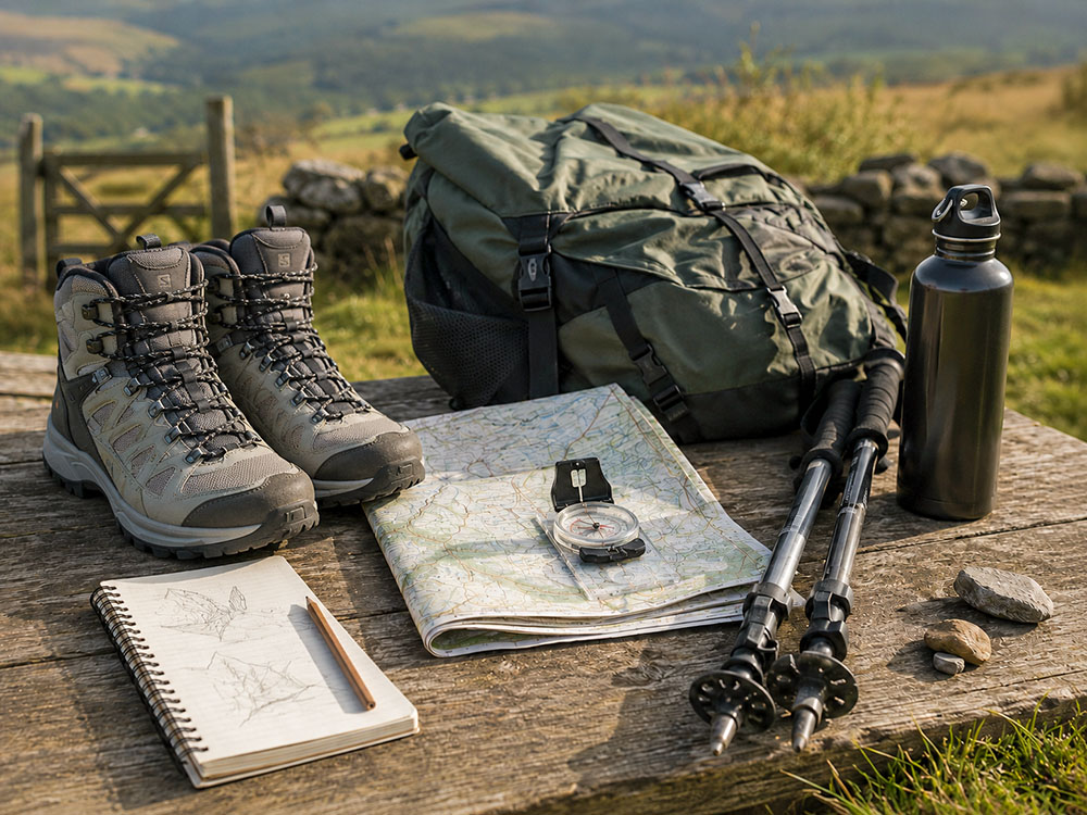 Modern hiking gear flat lay with lightweight boots, walking poles, map, baseplate compass, rucksack and water bottle on an outdoor table.