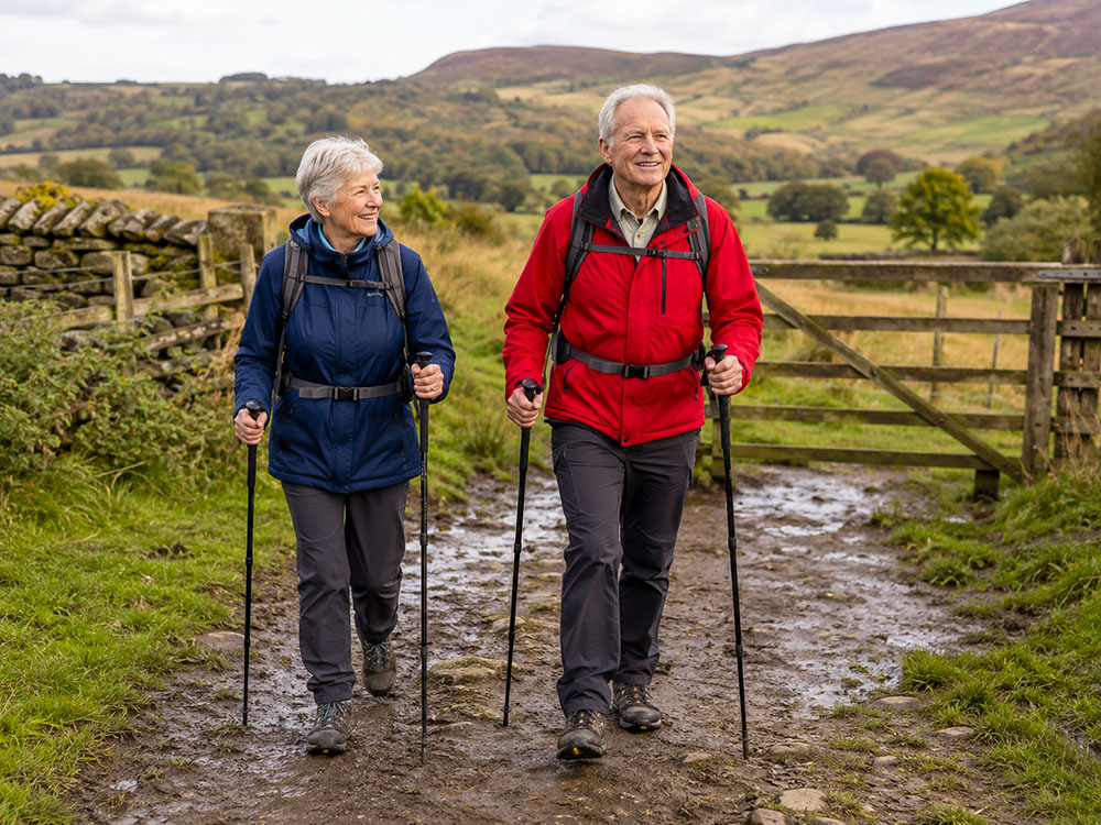 Two older walkers using walking poles on a muddy UK countryside path, showing active, confident walking with good footwear and steady pole use.